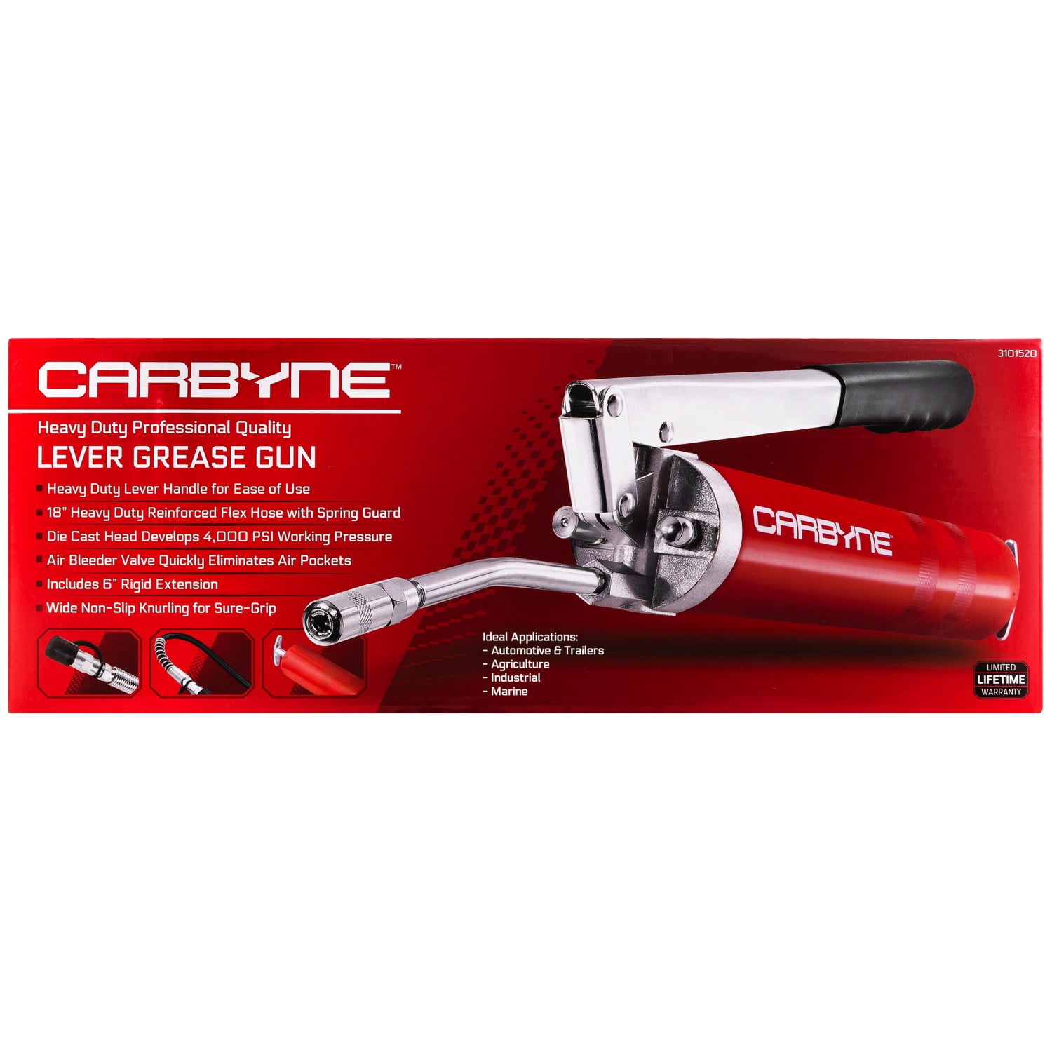 Carbyne Grease Gun, 8000 Psi, Lever Handle, Heavy Duty Steel Barrel, 3-Way Loading, 18 in. Hose, Angled Tube, Needle Nozzle, Coupler