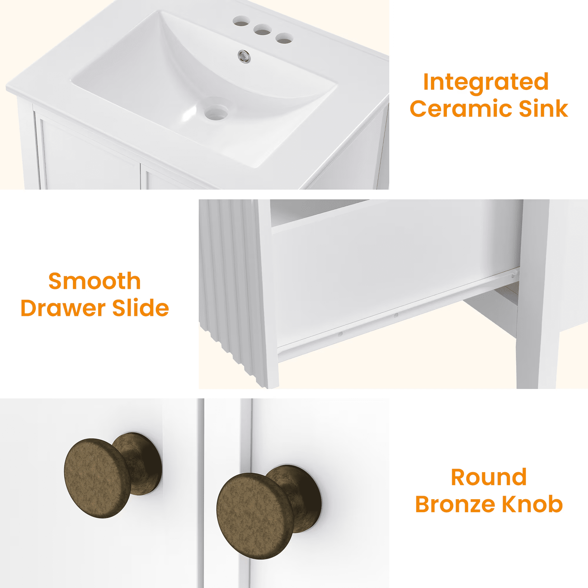 Mintazer 24 Inch Fluted Bathroom Vanity Cabinet with Ceramic Sink, Modern Farmhouse Single Sink Bath Vanity with Storage Cabinet & Drawer, White