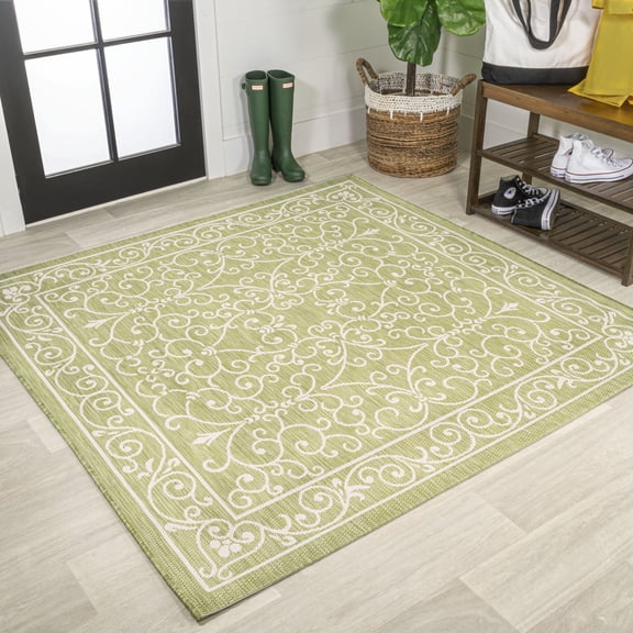 JONATHAN Y SANTA MONICA 5' Square Area Rug, Charleston Vintage Filigree Textured Weave - Green/Cream, SMB106H-5SQ