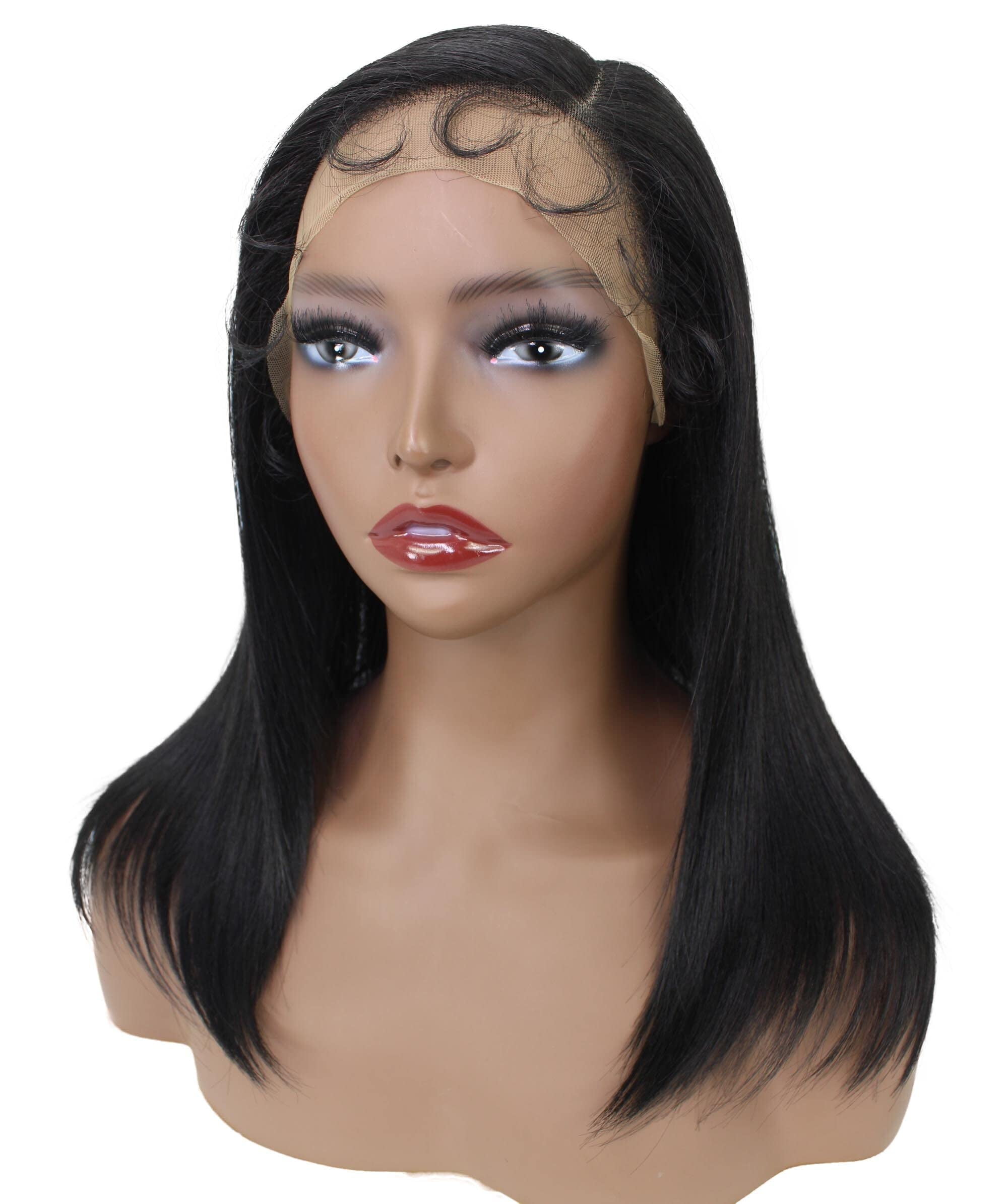 LUXLUXE Gabriella 18 inch Cut Layered 3.5" C Parting HD Lace Front Wig, Heat Resistant Synthetic Fiber Hair, Natural Black