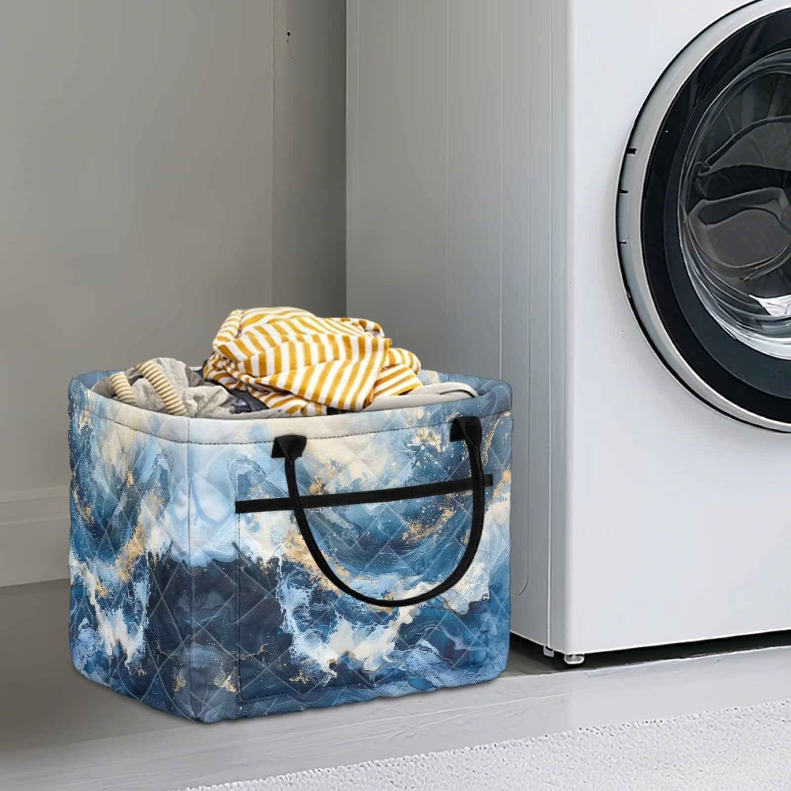 Yuyamidu Blue Marble Print Quilted Laundry Basket for Bedroom with Easy Carry Handles Collapsible Laundry Hamper Storage Basket Fabric Car Storage Basket for Women Gift