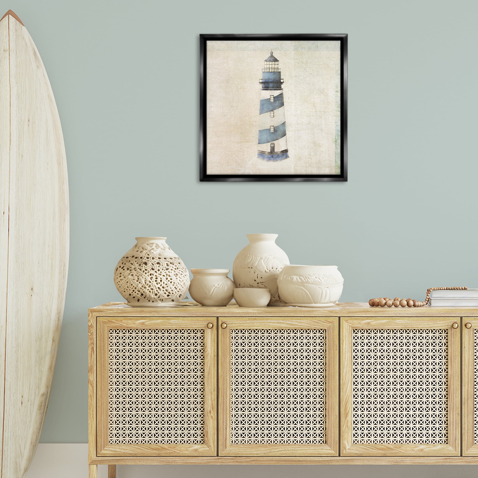 Stupell Industries Rustic Maritime Lighthouse Nautical & Beach Painting Black Floater Framed Canvas Art Print Wall Art, 25 x 25