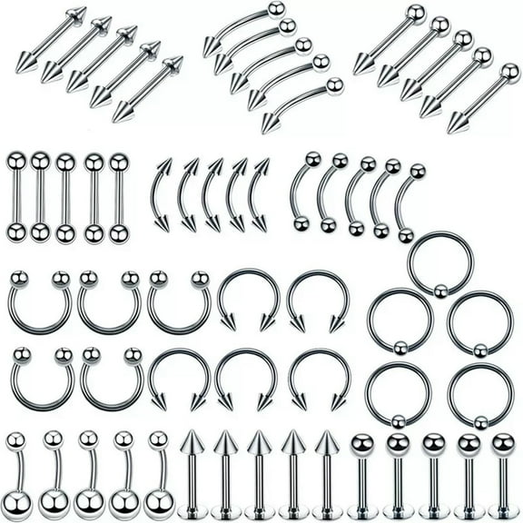 K-KED 60Pcs Steel Mixed Nose Lip Eyebrow Tongue Belly Bar Ring Body Piercing JewelX:yq
