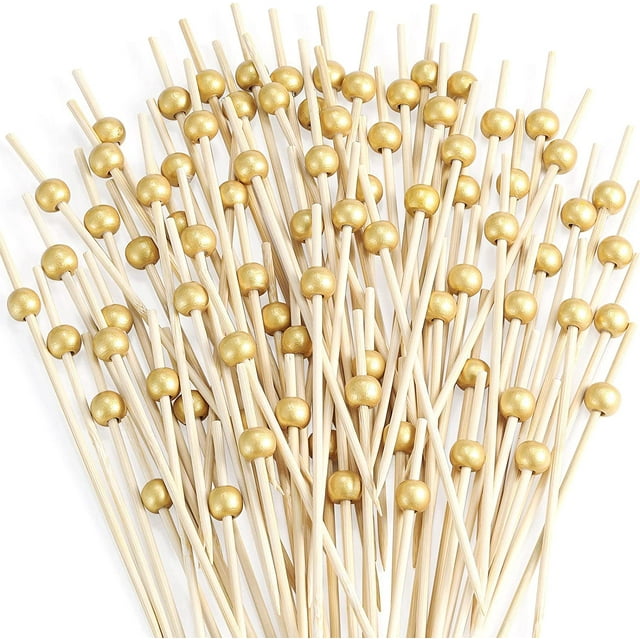 Pack de 200 Palillos de Cóctel de Bambú con Punta Dorada y Perla para Aperitivos Bebidas y Decoración de Fiestas