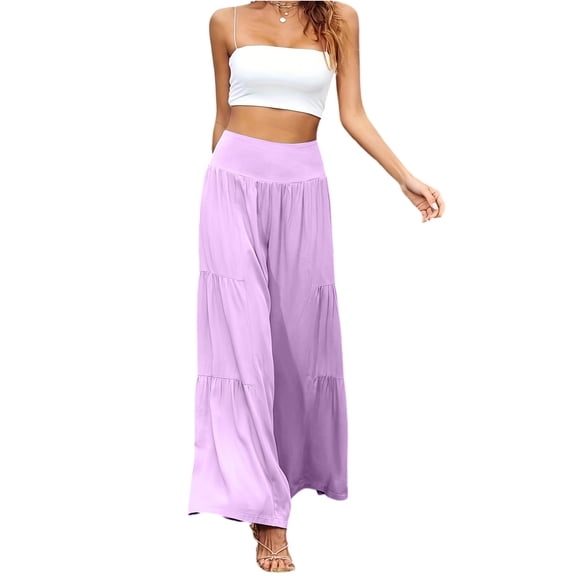 Wide Leg Pants for Women Casual Linen Palazzo Pants with Pockets Ladies Pull On High Waisted Beach Trousers, XL
