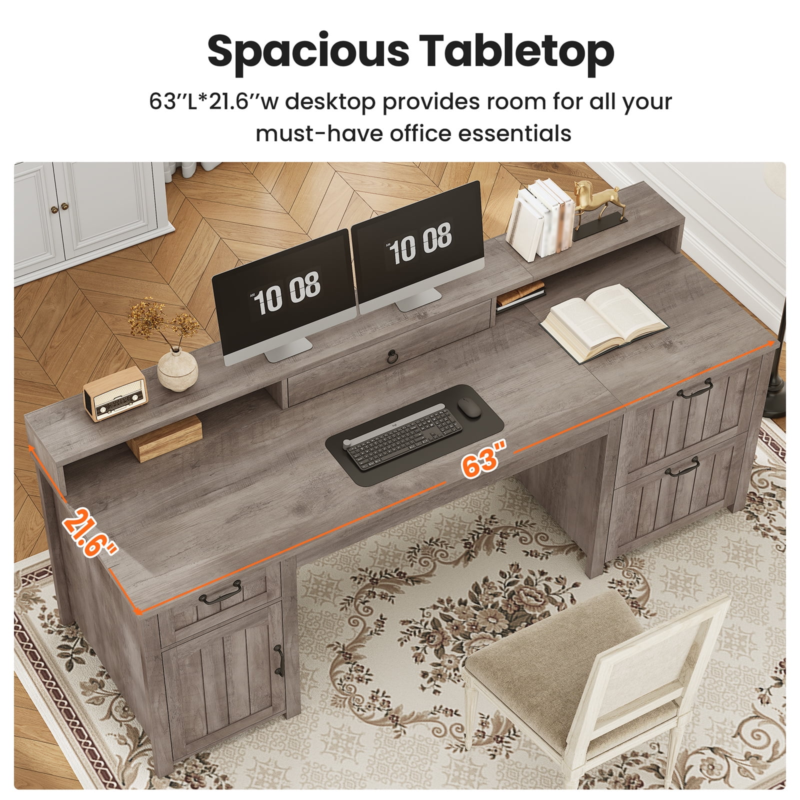 Executive Desk, 63" Farmhouse Desk with Storage, Home Office Desk with Drawers and Cabinet, Wood Desk with Monitor Stand, Rustic Writing Desk Study Table, Elegant Computer Desk with File Drawer, Grey