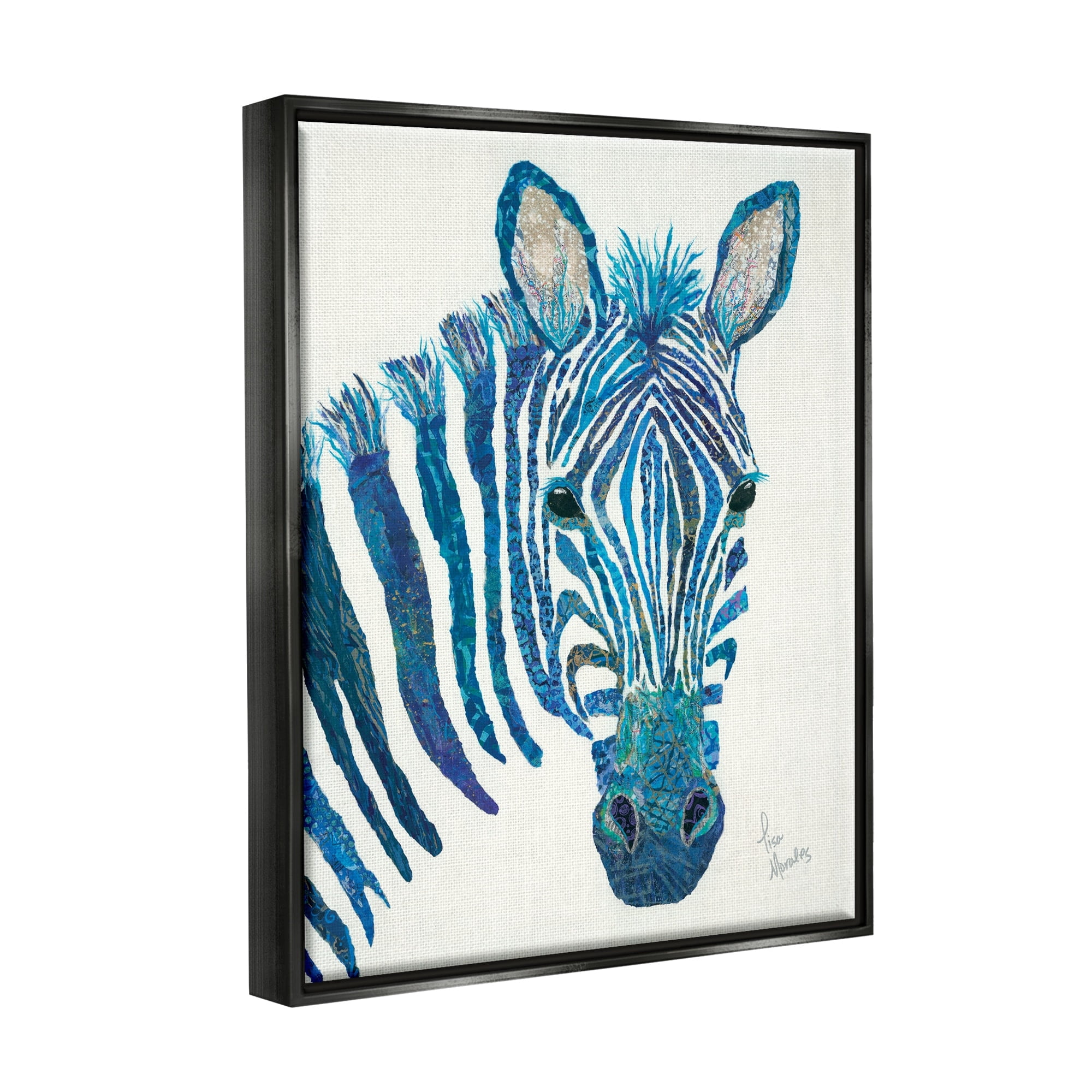Stupell Industries Blue Zebra Stripes Wildlife Collage Portrait Graphic Art Jet Black Floating Framed Canvas Print Wall Art, Design by Lisa Morales
