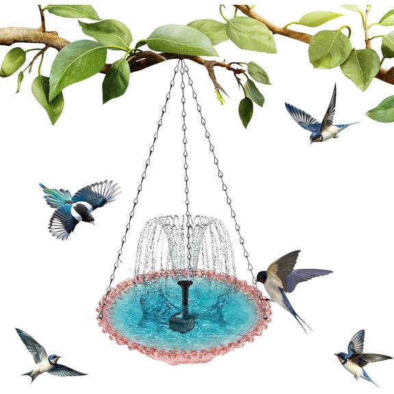 LEJHVAQK Solar Cascade Hanging Bird Bath Fountain,Outdoor Hanging Bird Bath with Solars Pump & Glass Bowl,Attracting Wild Birds and Hummingbirds for Outdoor Garden Backyard Patio Lawn (A Pink)