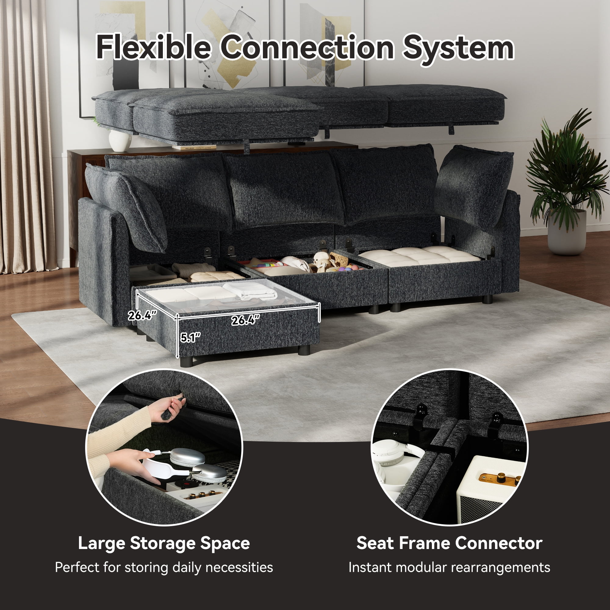 BedLuxury 97" Modular Sectional Sofa with Storage, L-Shaped Modern Sofa Couch with Movable Ottoman for Living Room, Office, Dark Gray