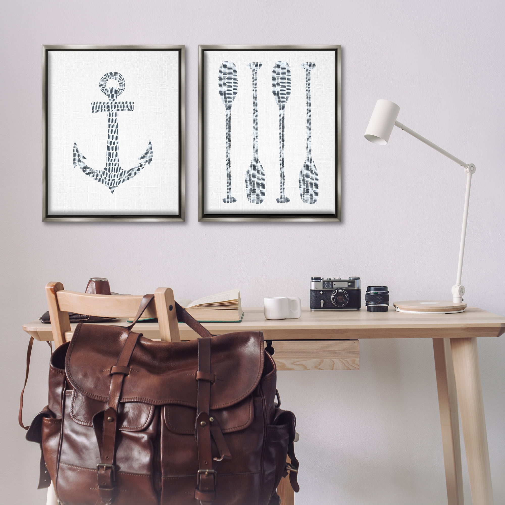Stupell Industries Simple Lines Nautical Anchor Oars Nautical & Beach Painting Gray Floater Framed Canvas Art Print Wall Art, 31 x 25, Set of 2