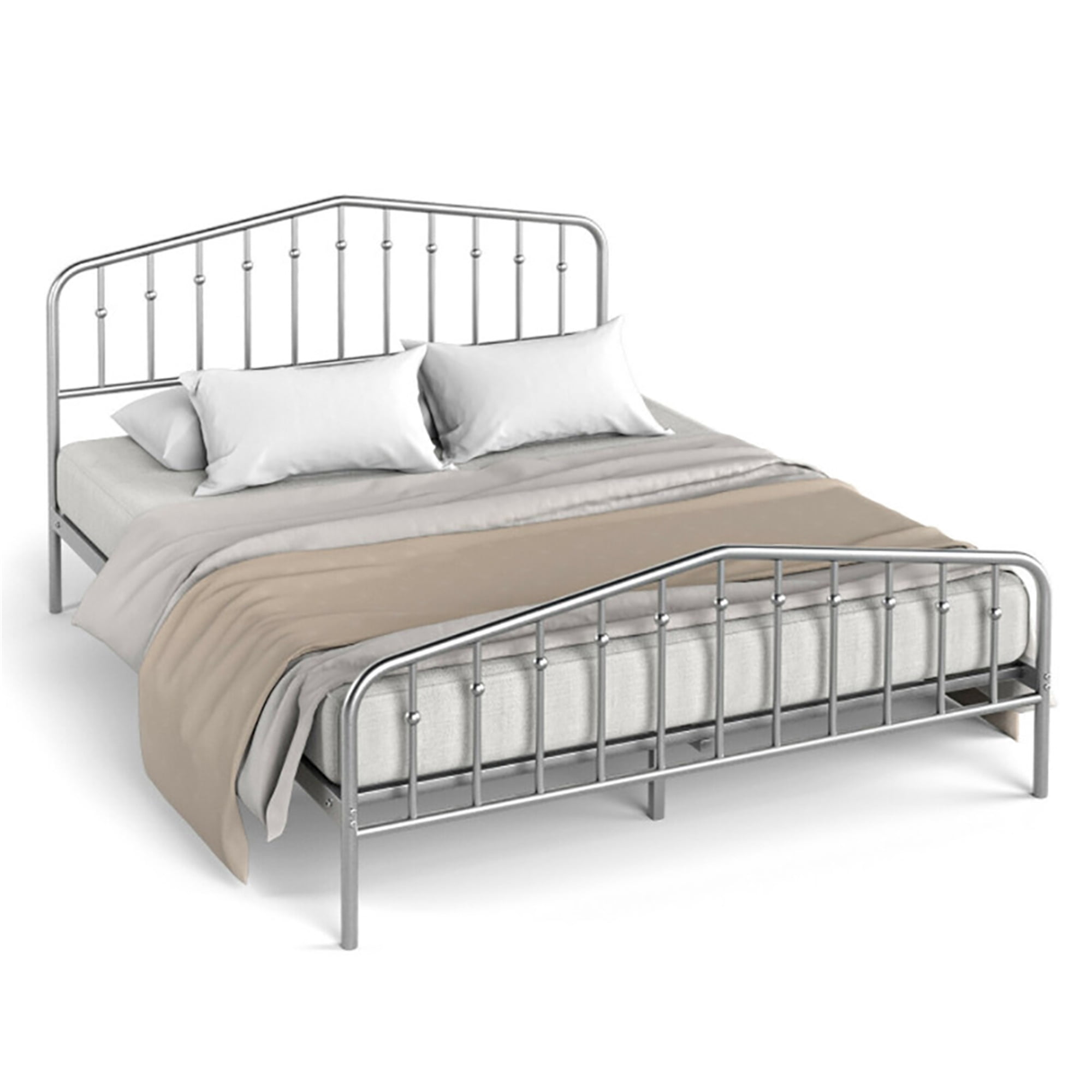 Kepooman Queen Size Metal Bed Frame with Headboard and Footboard, Silver Heavy Duty Mattress Foundation with Slat Support, No Box Spring Needed,Noise Free