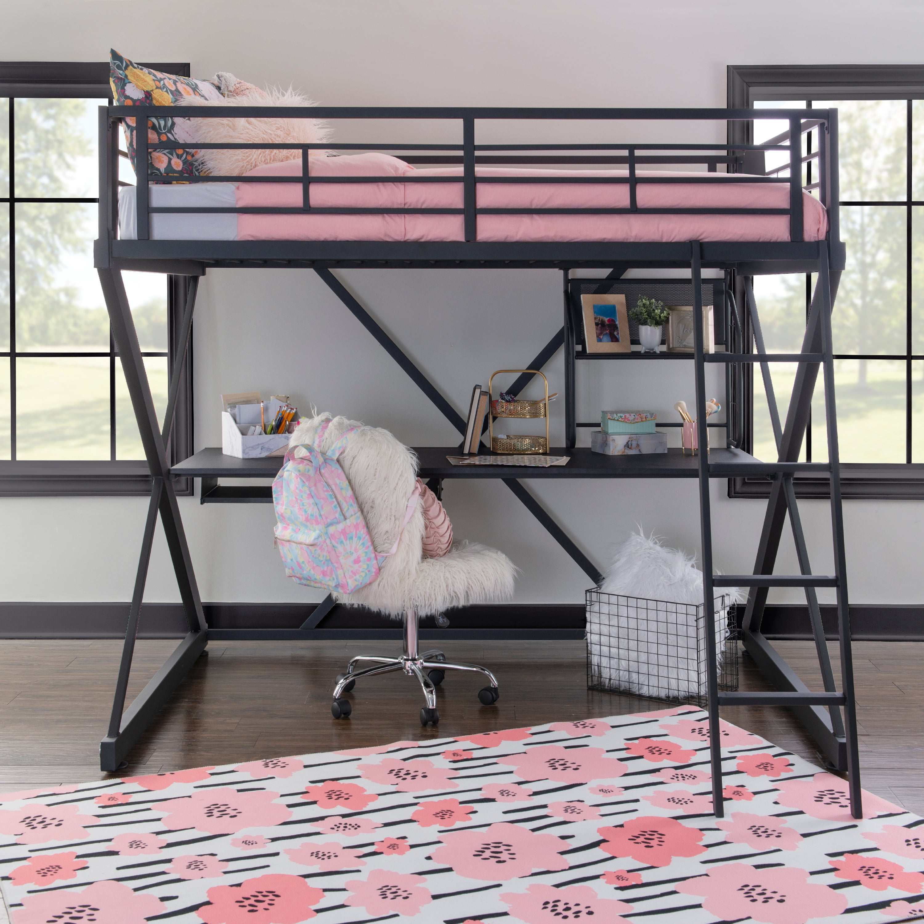 Powell Pierce Sleep, Study, and Store Full Loft Bed with Built-In Ladder, Textured Black