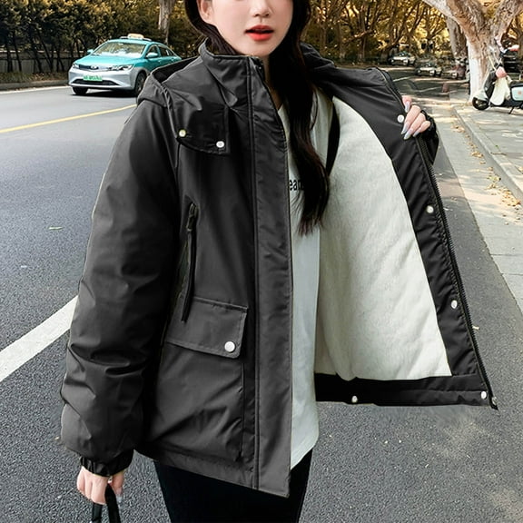Women's Fleece Lined Jacket with Hood Winter Warm Solid Color Long Elastic Sleeve Coats with Pockets Casual Solid Color Zip and Button Jacket