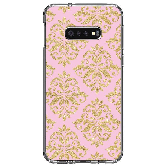 DistinctInk Clear Shockproof Hybrid Case for Samsung Galaxy S10e (5.8" Screen) - TPU Bumper, Acrylic Back, Tempered Glass Screen Protector - Pink & Gold Print - Damask Pattern