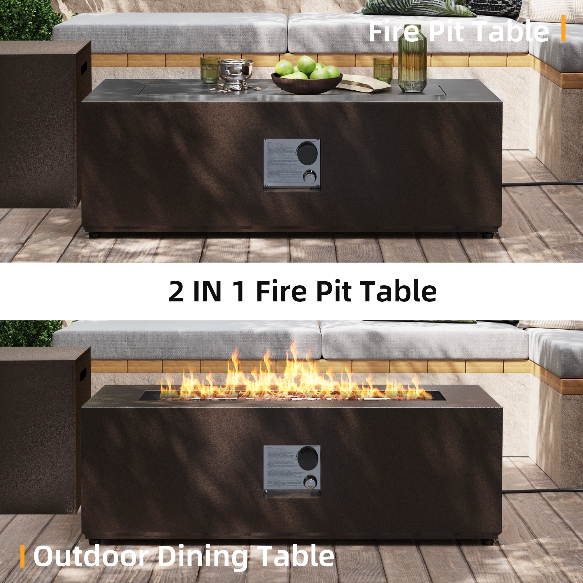 UPHA 42-inch Outdoor Propane Rectangle Fire Pit Table 50000 BTU Iron Gas FirePit for Outside Patio with Tank Cover, Removable Lid, Lava Rocks, Rain Cover, Brown