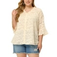 thumbnail image 1 of Blusa semi transparente de mujer plus size con volantes en el cuello en V y mangas de 3/4 en color albaricoque, talla 4X, 1 of 1