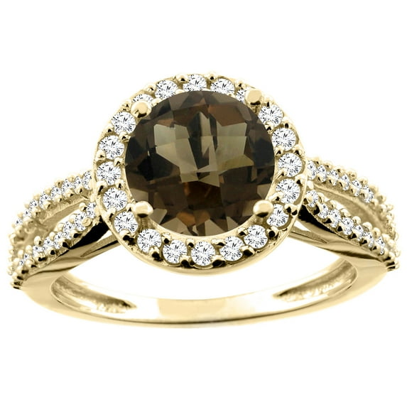 14K Yellow Gold Natural Smoky Topaz Ring Round 8mm Diamond Accent, size 10