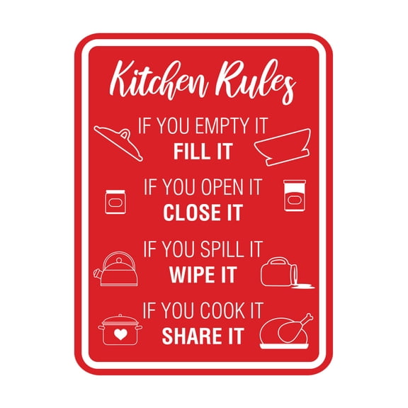 Signs ByLITA Portrait Round Kitchen Rules If You Empty It Fill It If you Open It Close It If you Spill It Wipe It If You Cook It Share It Sign (Red) - Large