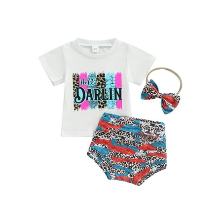 

Suanret Newborn Baby Girls 3Pcs Outfits Short Sleeve Letter Print Tops + Leopard Colorful Shorts + Hairband White 6-12 Months