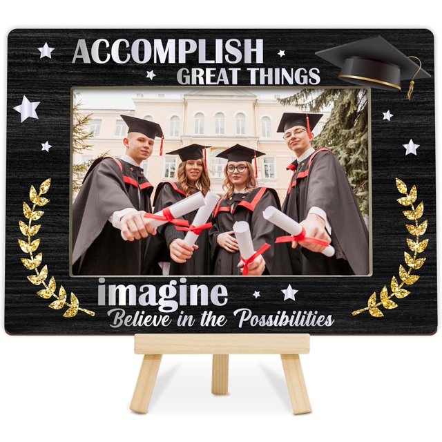 shiyou-Graduation Picture Frame, Class of 2025 Grad Photo Frames, Black Gold Accomplish Great Things Wood 4x6 Frame with Easel for Table Shelf Decor, Graduates Gifts-A03