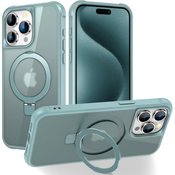 MYKOMI Magnetic Compatible with iPhone 15 Pro Max Case with Stand [Military Grade Drop Tested][Compatible with Magnet] Ring Translucent Slim Hard Back Soft Edge