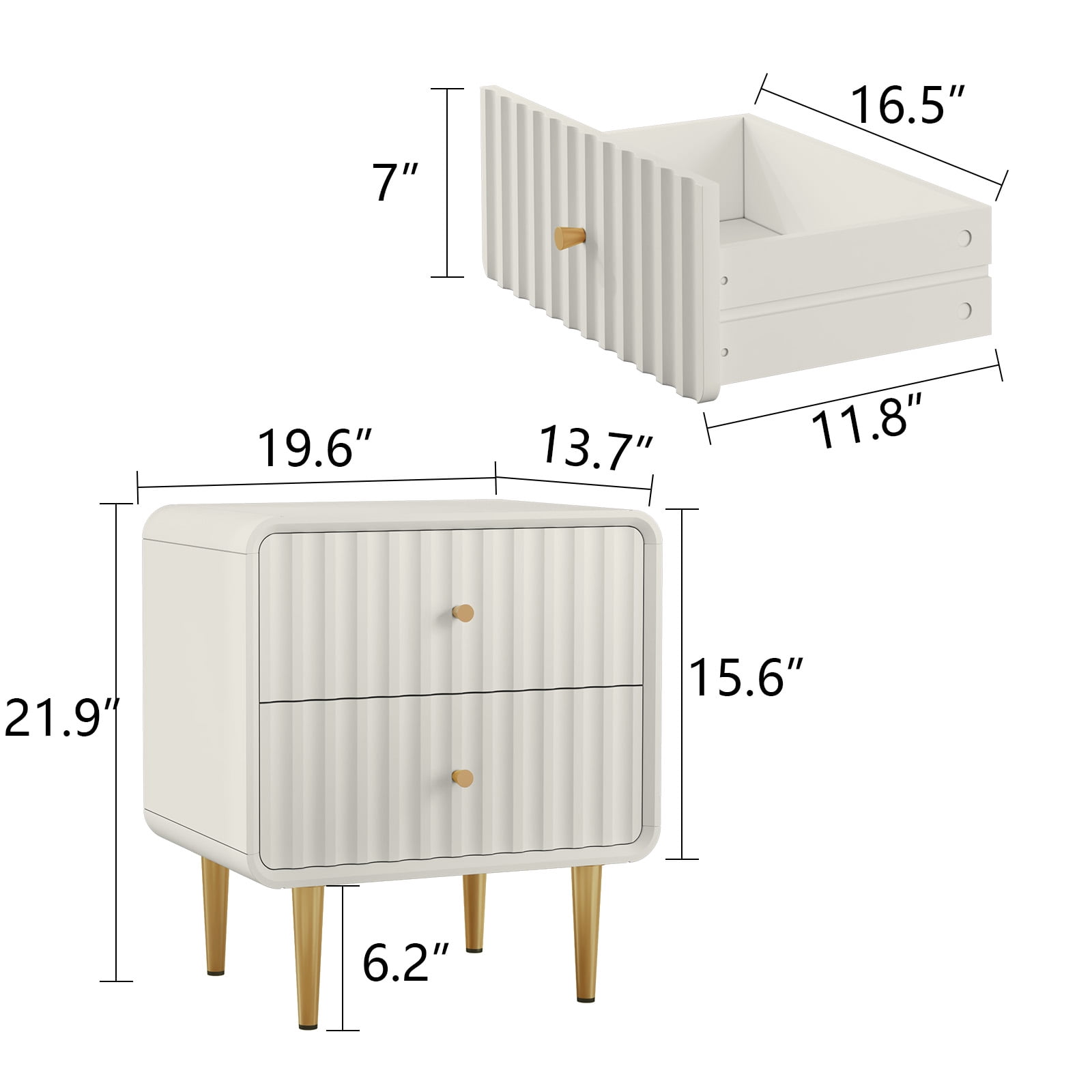 CBJCBJ Modern Bedroom Nightstand Set of 2, 20" Wood Bedside Table with 2 Drawers and Gold Handles, White