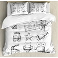 thumbnail image 1 of Movie Theater Queen Size Duvet Cover Set, Sketchy Movie Icon Set in Black and White Entertainment Industry Media TV, Decorative 3 Piece Bedding Set with 2 Pillow Shams, Black White, by Ambesonne, 1 of 3