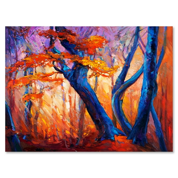Abstract Blue Silhouettes Of Trees In Orange Autumn Forest 8 in x 12 in Painting Canvas Art Print, by Designart