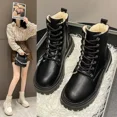 thumbnail image 4 of Botas de nieve gruesas de felpa para mujer, nuevas y cálidas botas de nieve de piel sintética para mujer, zapatos planos de algodón con cordones negros para invierno, 4 of 5