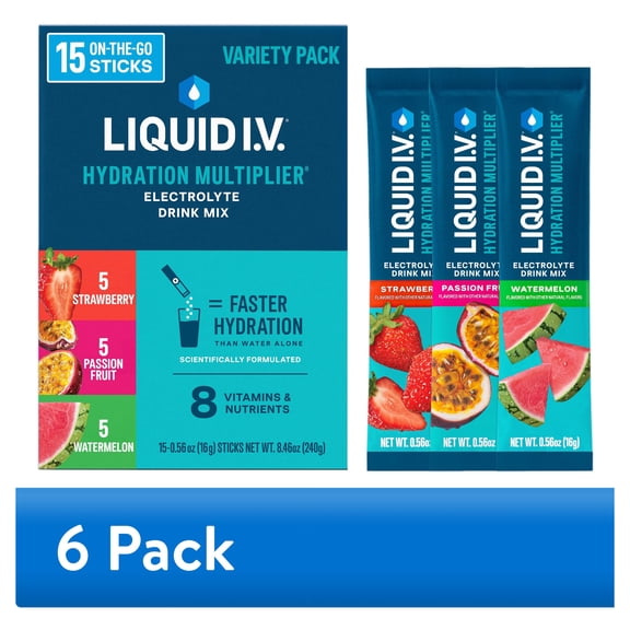 (6 pack) Liquid I.V.® Strawberry, Passion Fruit, and Watermelon Hydration Multiplier® Powdered Electrolyte Drink Mix, 15 Count Packets