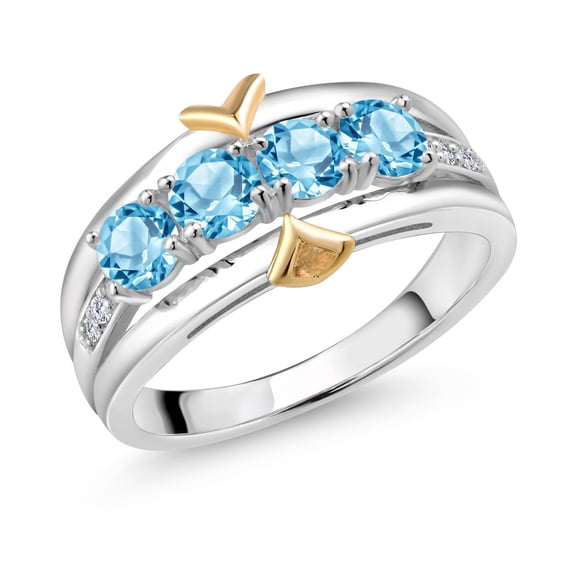 Gem Stone King 1.47 Ct Round Swiss Blue Topaz 925 Silver and 10K Yellow Gold 4-Stone Lab Grown Diamond Band Ring (Size 5)