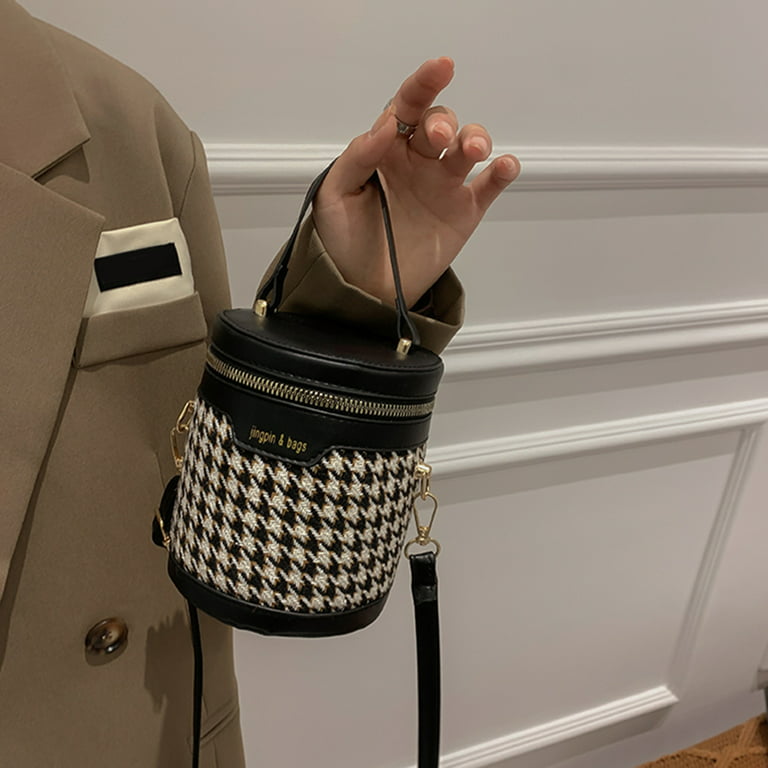 TBOLINE Unisex Adult Print Handbag Winter Mini Cylindrical Bucket Bag  (Black Houndstooth)
