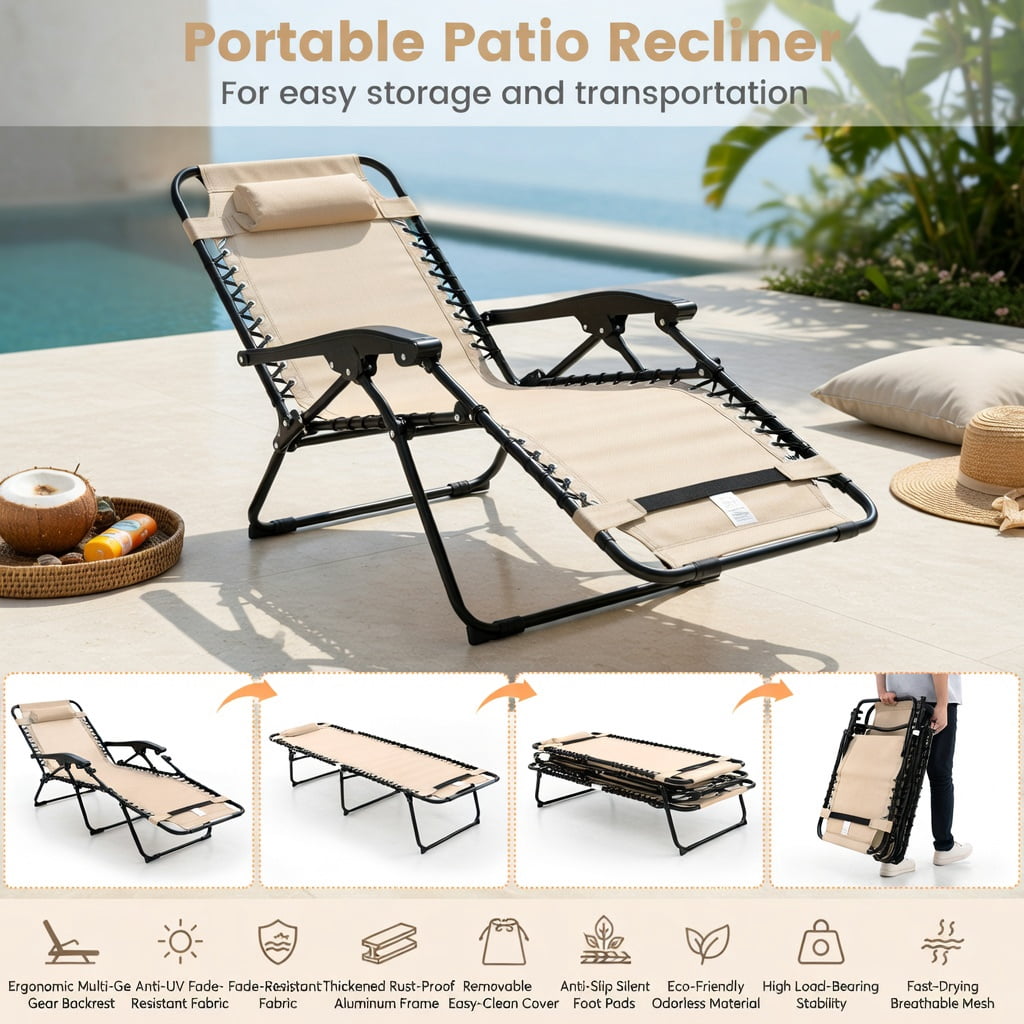 Hommoo Foldable Reclining Lounge Chair with Adjustable Backrest & Footrest, Lightweight Portable Beach, Camping & Patio Chair, Beige