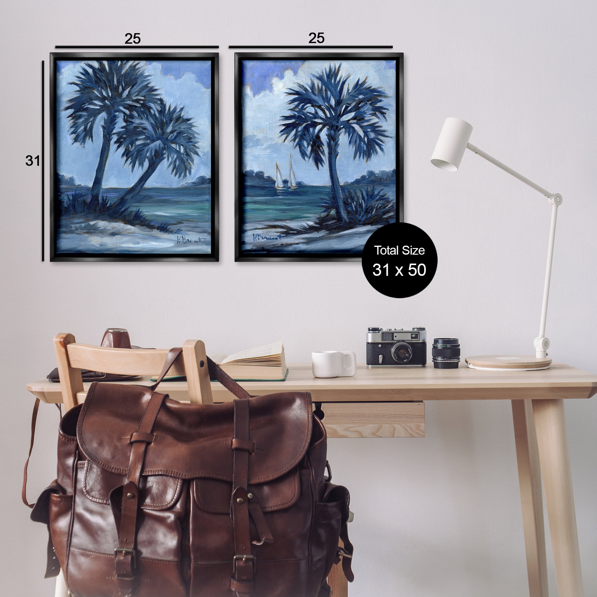 Stupell Industries Impressions of Indigo Palms Nautical & Beach Painting Black Floater Framed Canvas Art Print Wall Art, 31 x 25, Set of 2