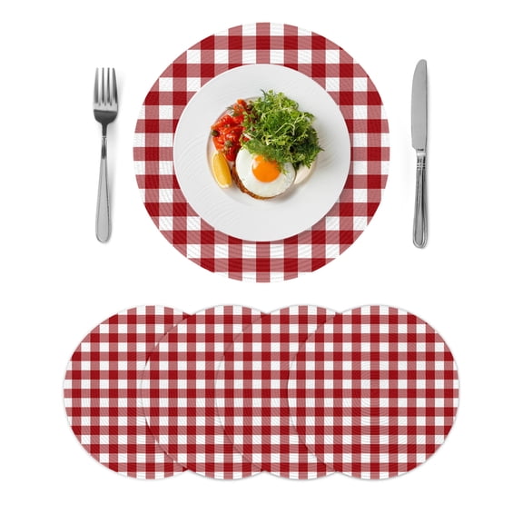 Farmhouse Buffalo Plaid Round 15 Inch Placemats Set of 4, Red White Checkered HeatResistant Non Slip Place Mats for Dining Table, Wipeable Braided Kitchen Table Mats for Housewarming