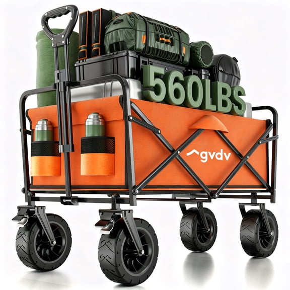 GVDV Collapsible Folding Wagon, 560LBS Large Heavy Duty Utility Cart with All-Terrain Wheels and Adjustable Handles for Shopping, Camping, Sports, Outdoor, Beach, Orange