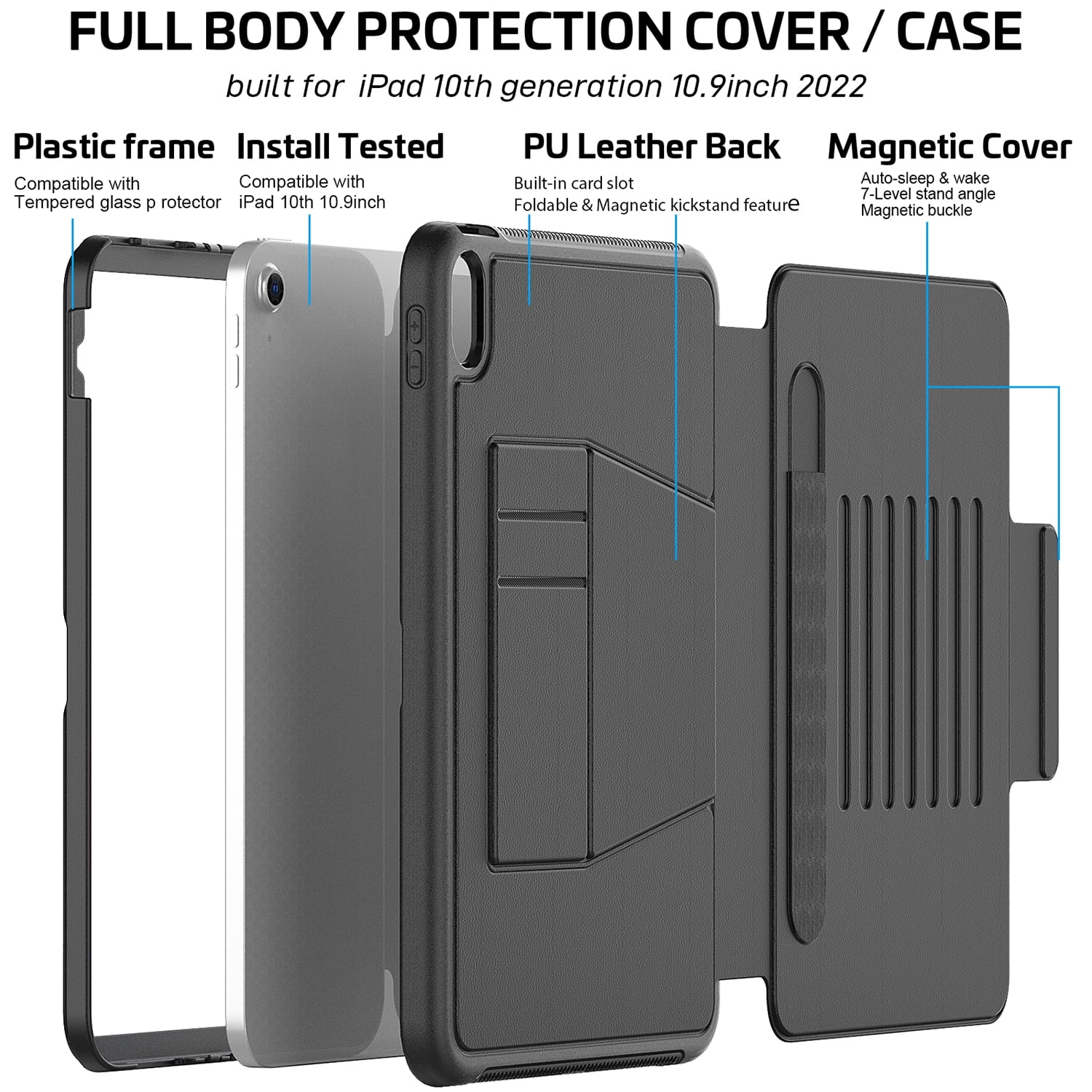 Allytechgroup Magnetic Case for Apple iPad (A16) 11th Gen 11" 2025/ iPad 10th Gen 10.9" 2022, Auto Sleep Wake Multi Angle Viewing Stand Build-in Pencil Holder Protective Bumper Tablet Case, Black