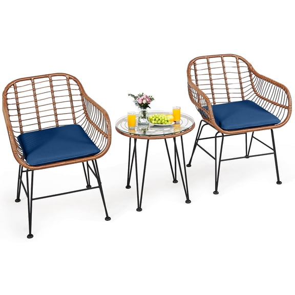 3-Piece Outdoor Wicker Bistro Set Yellow Rattan Frame Navy Cushions Round Glass Table