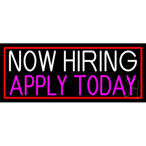 Now Hiring Apply Today With Red Border LED Neon Sign 10 x 24 - inches, Clear Edge Cut Acrylic Backing, with Dimmer - Bright and Premium built indoor LED Neon Sign for Bar decor.