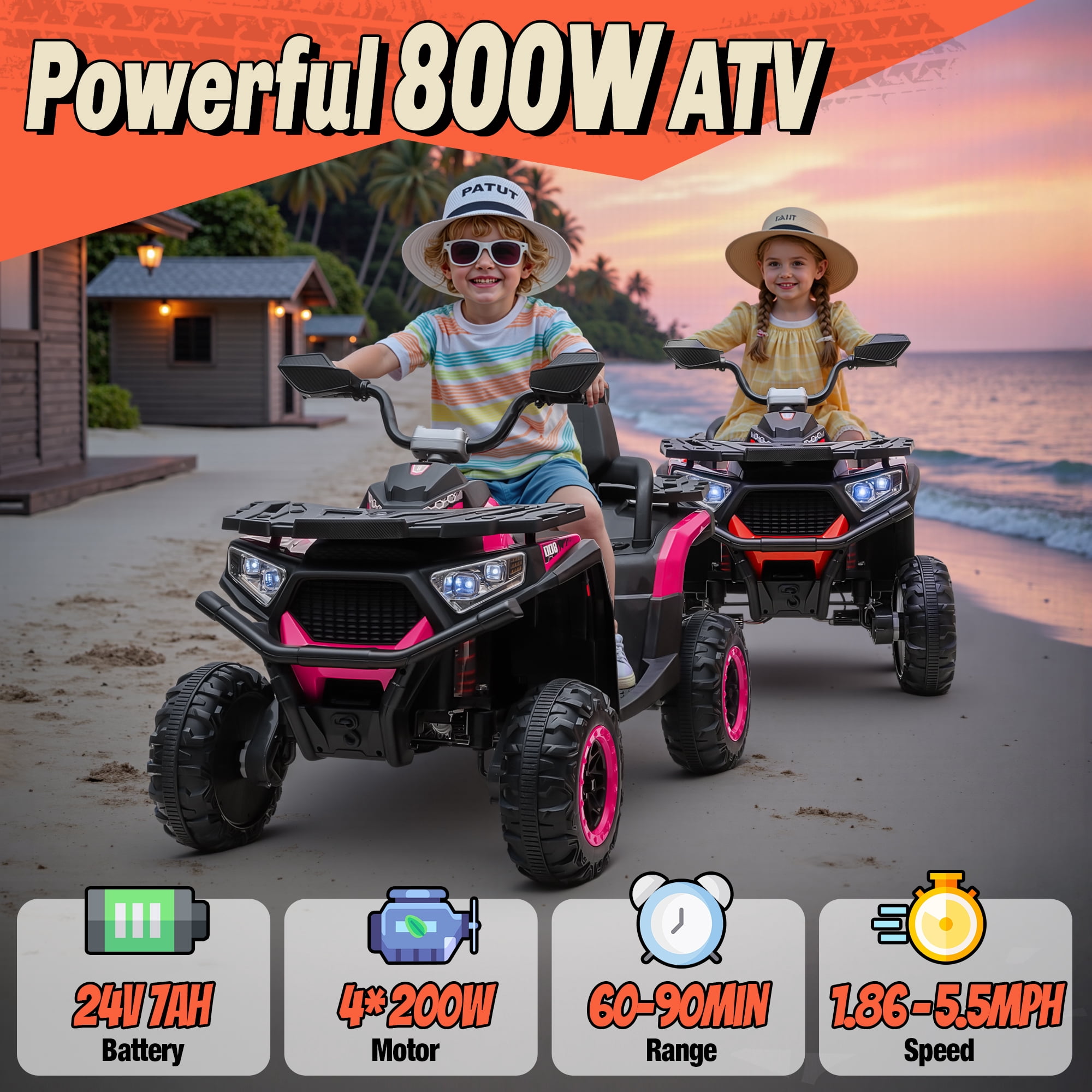 Joyracer 800W 4WD 24V Kids ATV w/ Remote Control 2 Seater 24 Volt Ride on Toys for Toddlers Power Car Wheels w/ Kneepads, Bluetooth Music, Pink