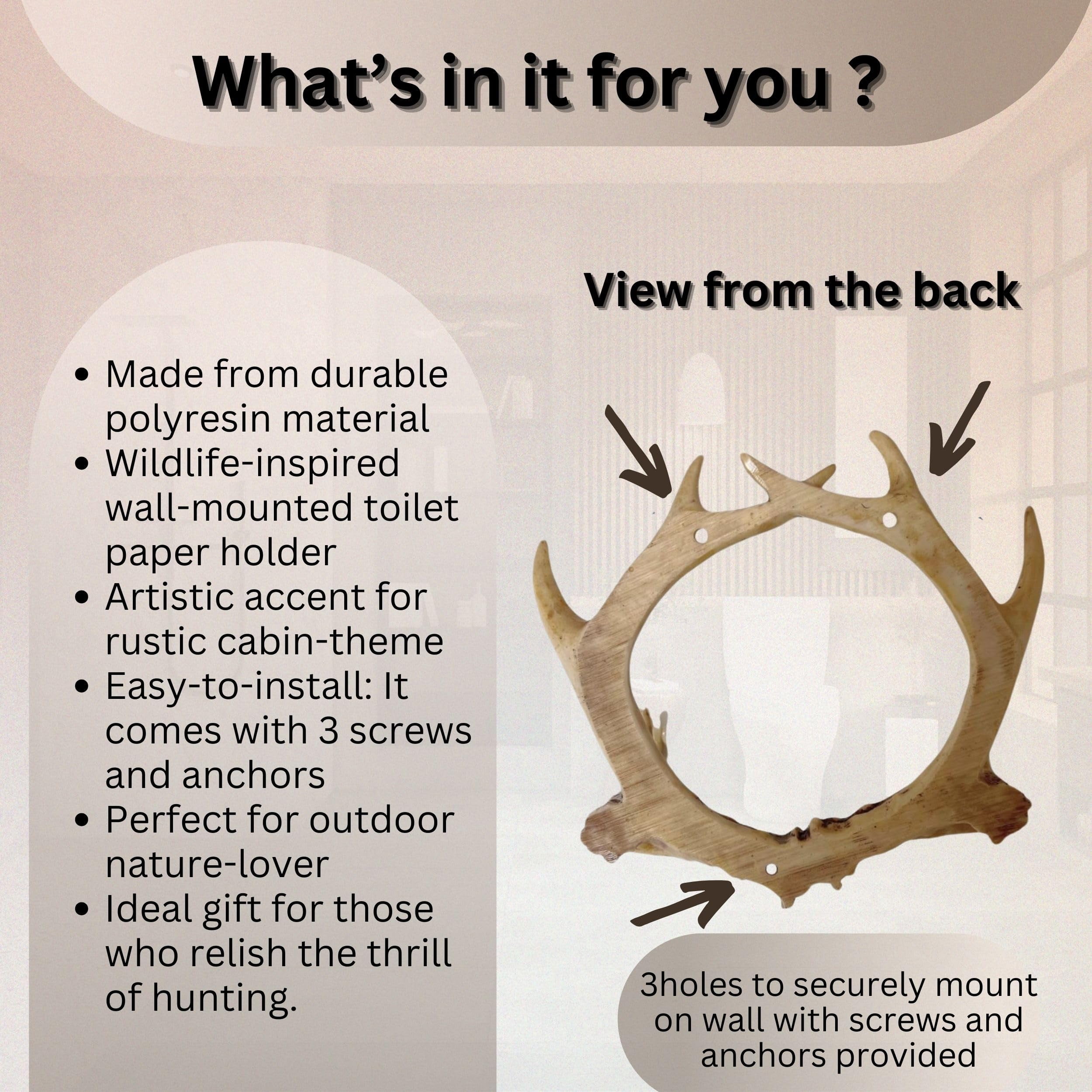 Faux Antler Wall Mounted Toilet Paper Holder - Vintage Rustic Deer Bathroom Decor for Lodge Cabin Style - Toilet Paper Roll Holder for Wall Mounting with Wilderness-Themed for Restrooms