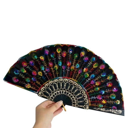 

Mnjin Spanish Lace Silk Folding Hand Held Dance Fan Flower Pattern for Party Wedding C