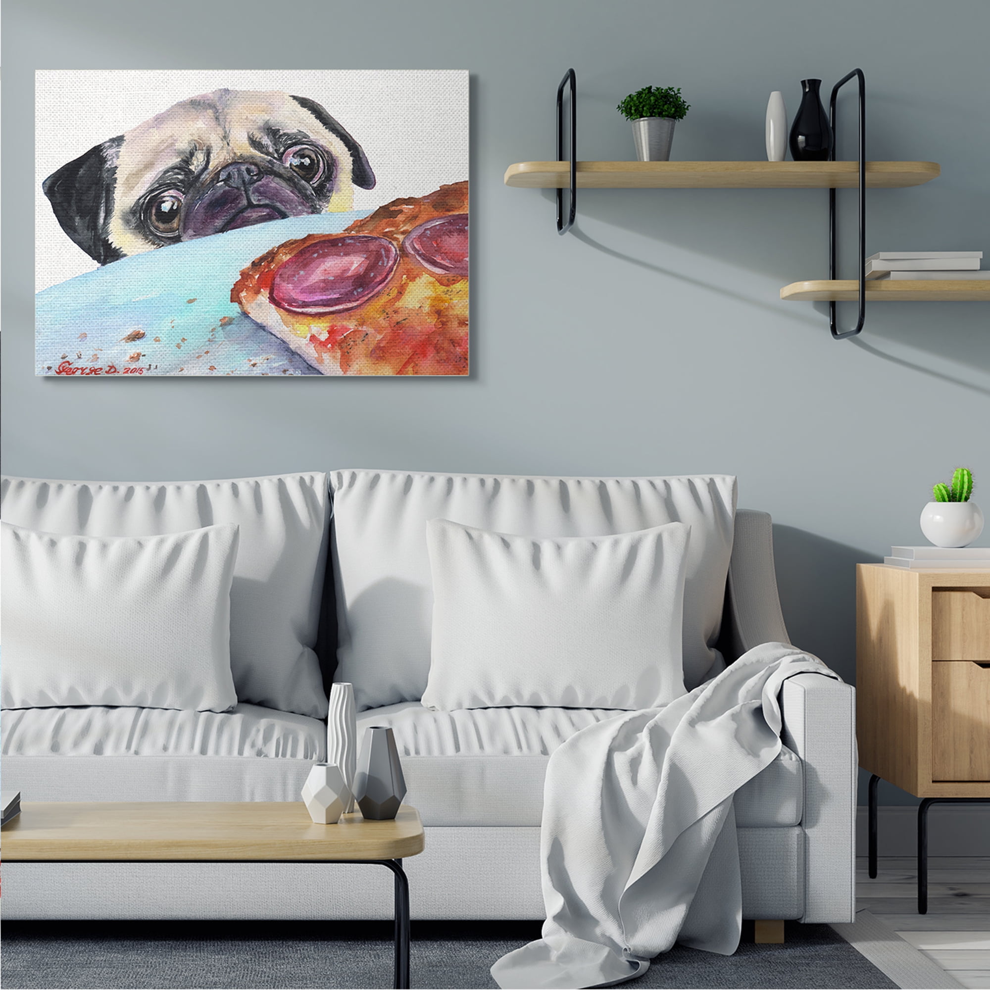 Stupell Industries Hungry Pug and Pizza Humorous Pet Dog Portrait Canvas Wall Art, 36 x 48, Design by George Dyachenko