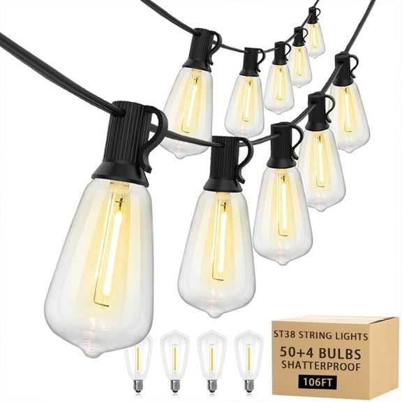 Luziki Lighting 106 Ft Outdoor LED String Lights with 54 ST38 Vintage Edison Bulbs (2700K Warm White) - Waterproof, Connectable, for Patio, Garden, Pergola, Bistro, Café & Backyard - Black Wire