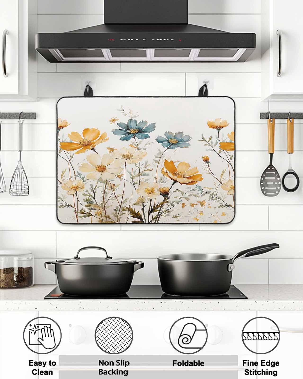 Stove Top Covers for Electric Stove, Yellow Blue Spring Floral Glass Stovetop Cover Protector, Watercolor Summer Botanical Induction Cooktop Protector Oven Mat for Kitchen Countertop 24"x21"