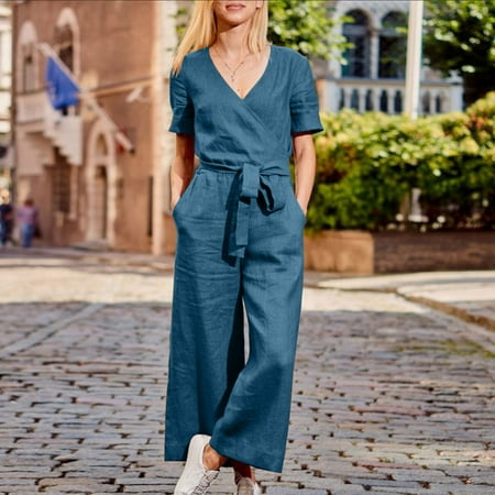 

Xysaqa Women s Summer Jumpsuit Casual Deep V Neck Short Sleeve Wrap Drawstring Waist Loose Overalls Cotton And Linen Romper with Pockets Blue Clearance