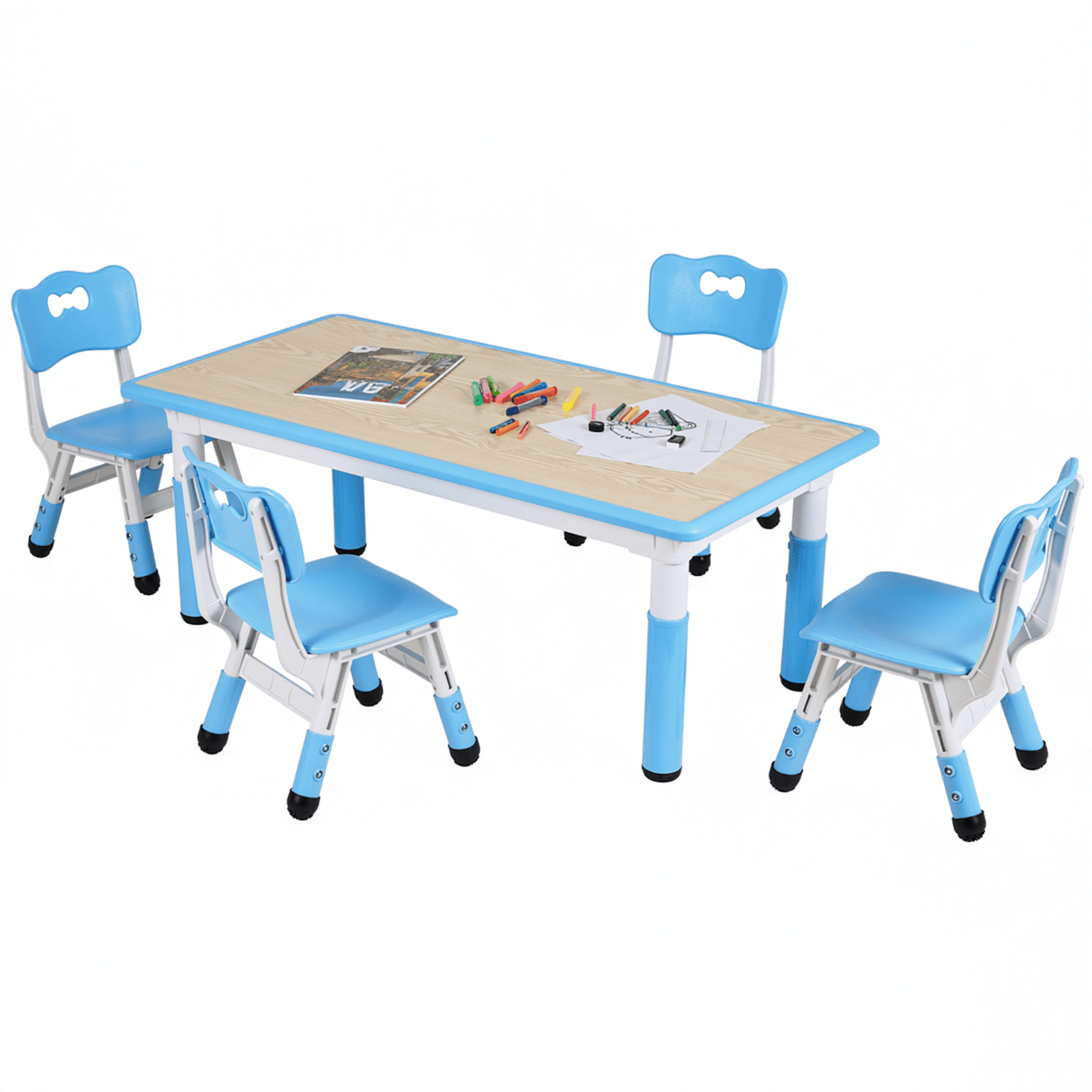TLSUNNY Kids Table and 4 Chairs, Adjustable Height Childrens Activity Set with Graffiti Desktop & Anti-Slip Legs,  for Daycare Classroom Home