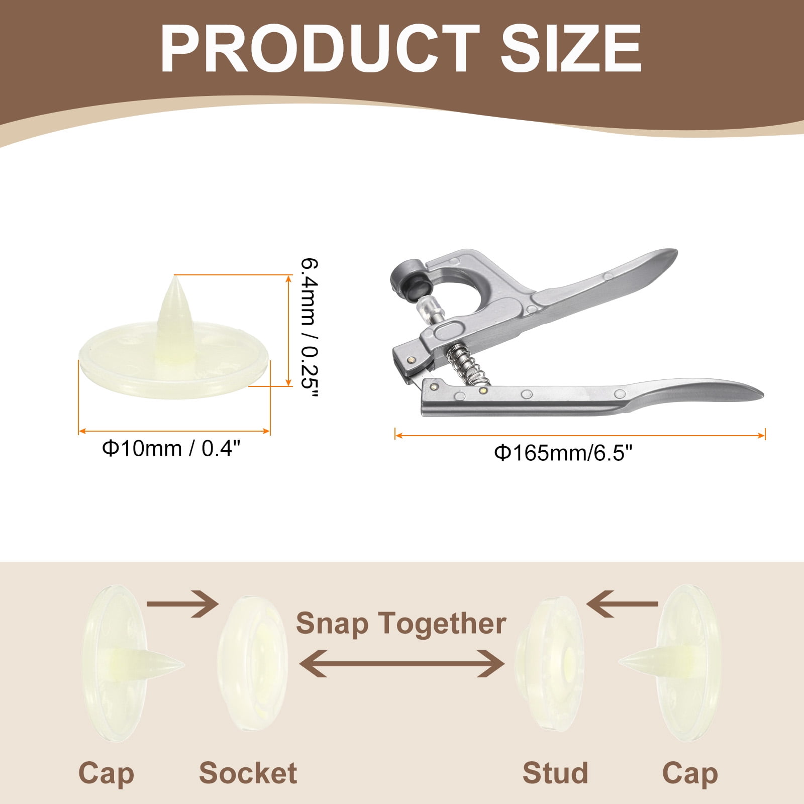 Uxcell Plastic Snaps Fasteners with Snap Pliers, 200 Set T3 Round Resin No-Sew Button Snap Fasteners Kit Cream