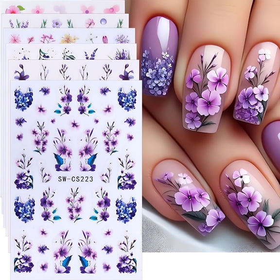 CCOCC 3D Embossed Spring Flower Nail Stickers Adhesive Color Summer Flower Nail Supplies Nail Art Design Decorative Accessories 4 sheets