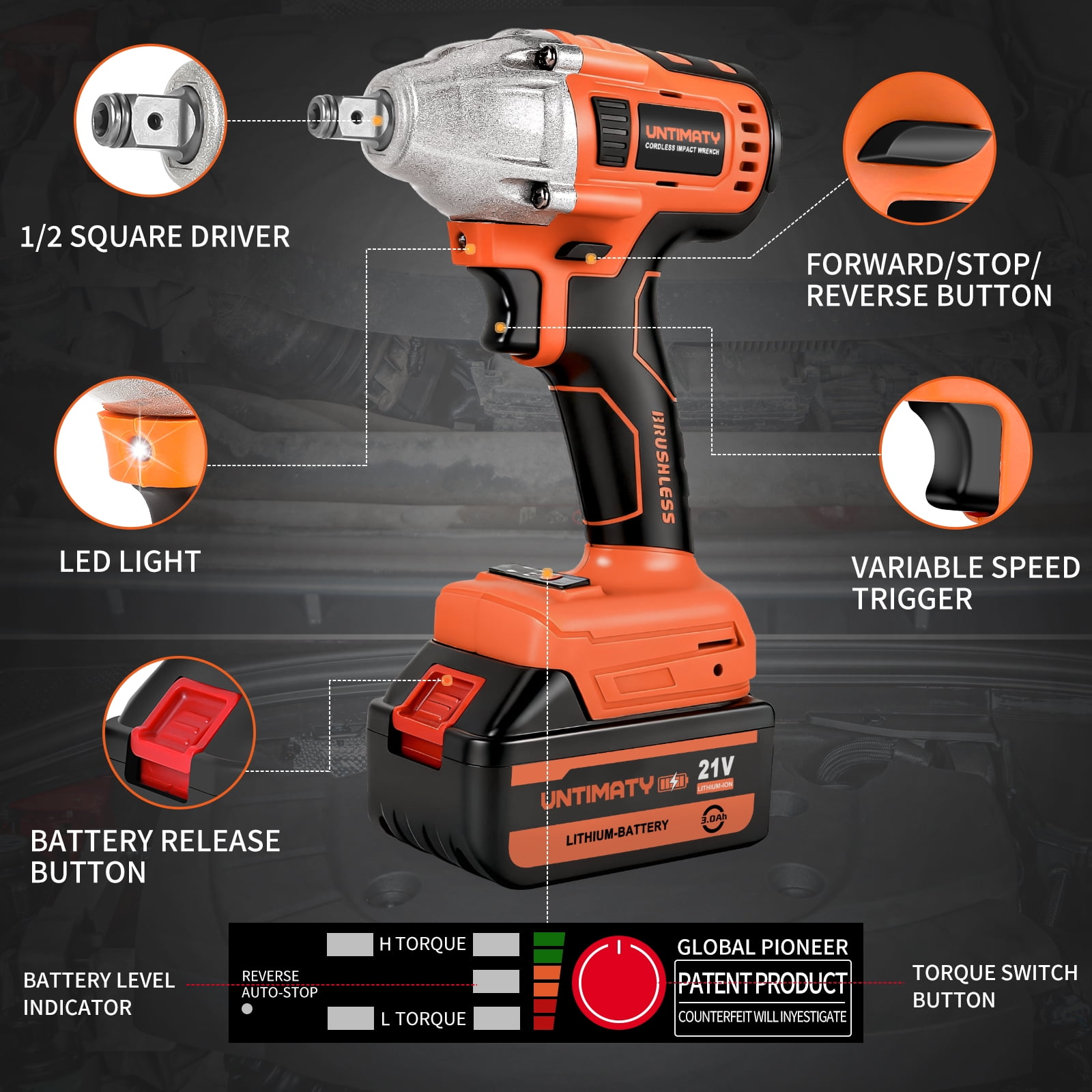 Cordless Impact Wrench, UNTIMATY 1/2 inch  Brushless Impact Gun, Max Torque 320 Ft-lbs（430N.m） Impact Wrench with 21V Brushless Motor, with 3.0Ah Li-ion Battery & 7 Sockets